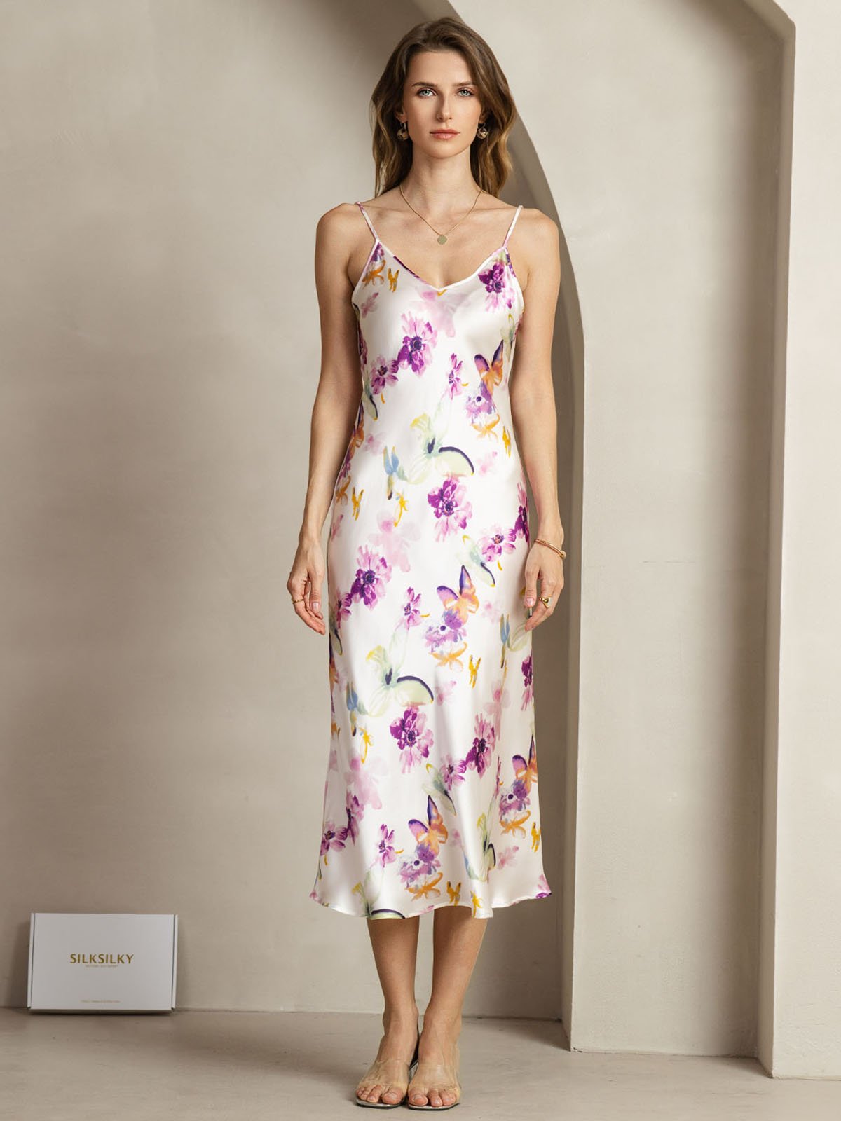 [Akvarellblommor] SilkSilky-SE 19Momme Silke Dress 001