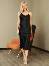 [Svart] SilkSilky-SE Spaghetti Strap V Neck Nattlinne 006