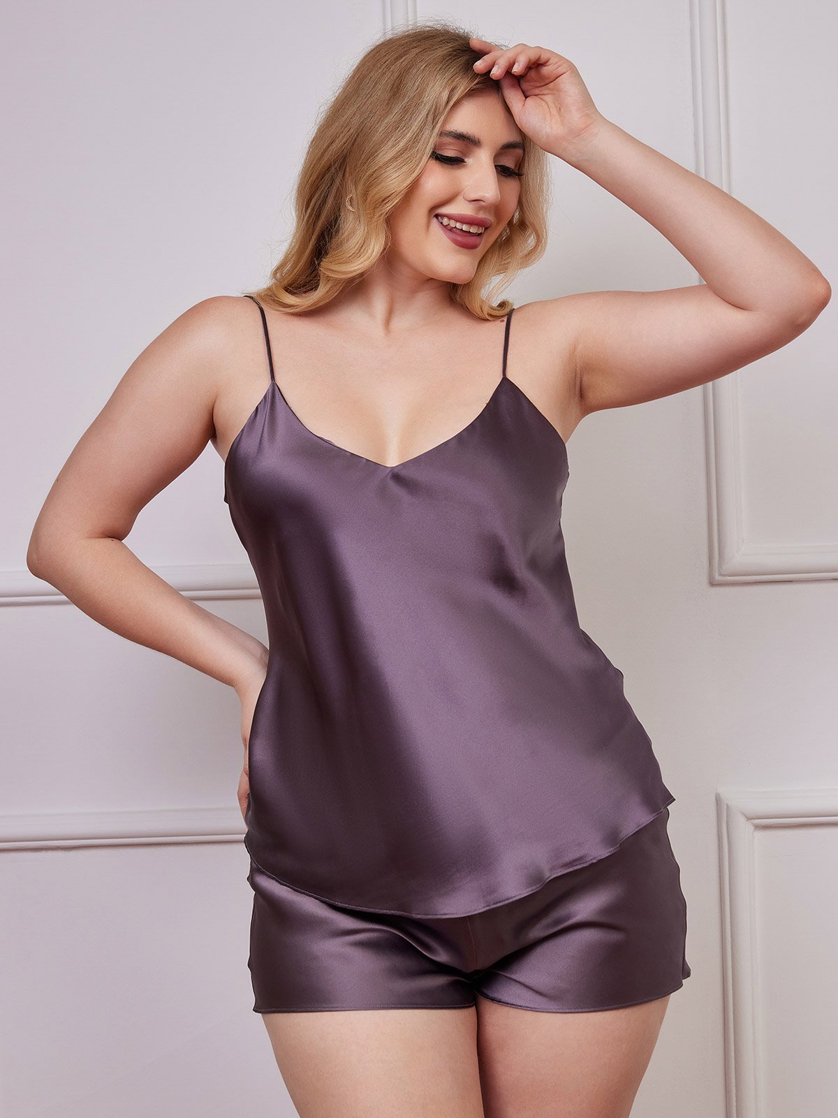 SilkSilky-SE Rent Silke V-Hals Plus Storlek Camisole Set LilaGrå 003