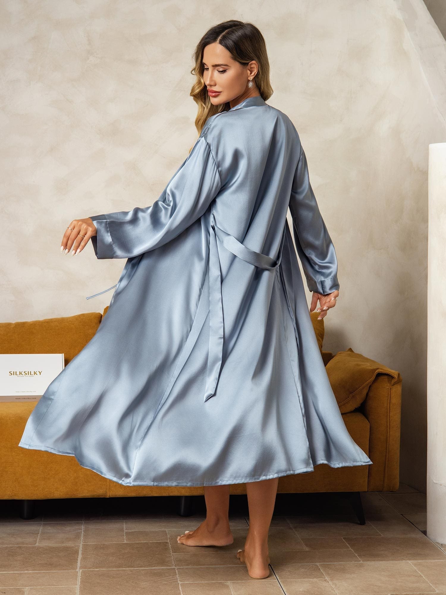 [Gråblå] SilkSilky-SE Rent Silke Nightgown&Robe Set 003