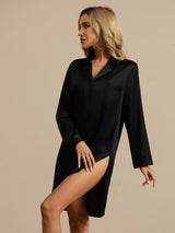 [Svart] SilkSilky-SE Long Sleeve Lapel Collar Dam Sömnskjorta 003