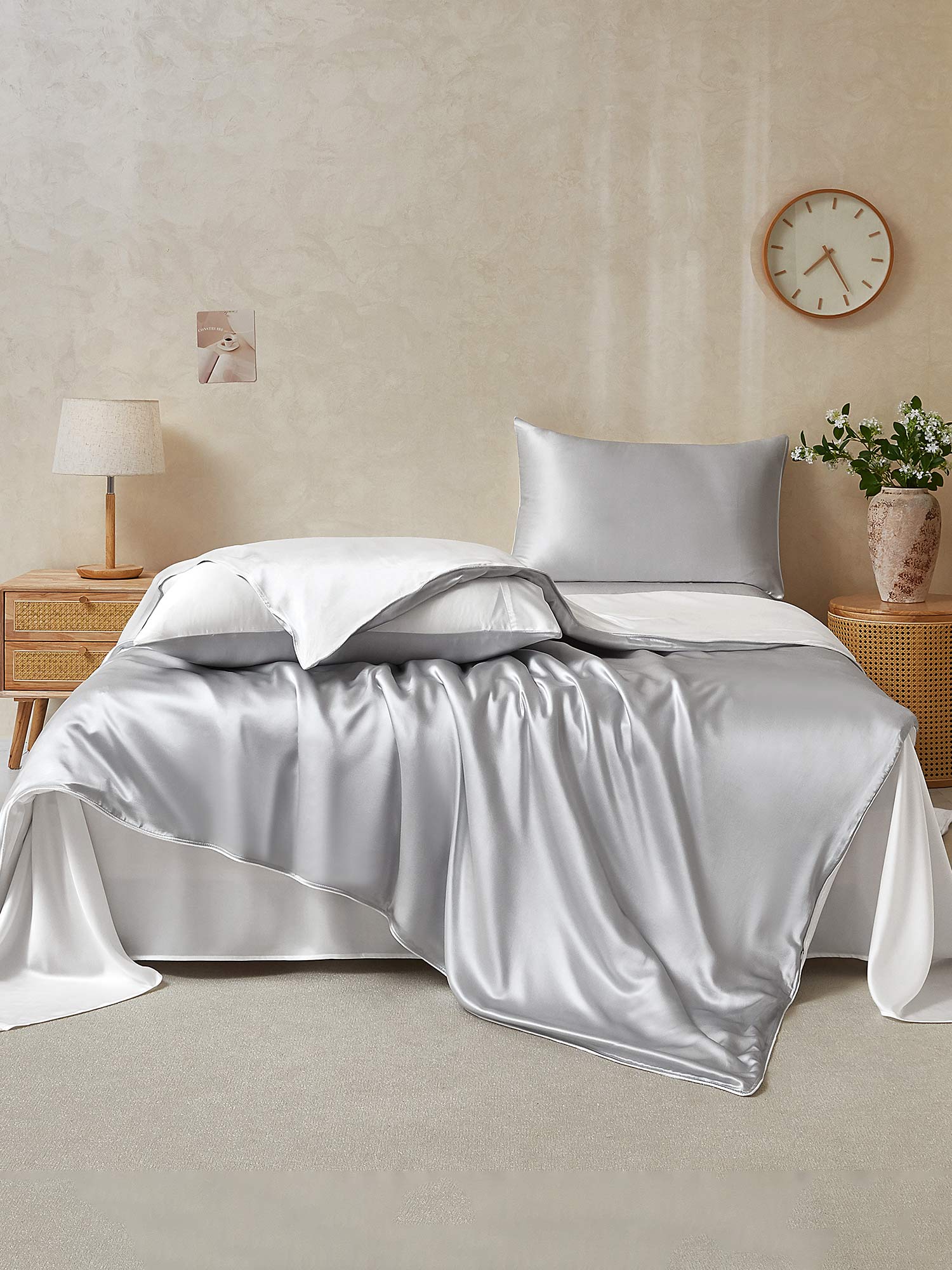 [Ljusgrå+Vit] SilkSilky-SE 22Momme Rent Silke Bedding Set 002,