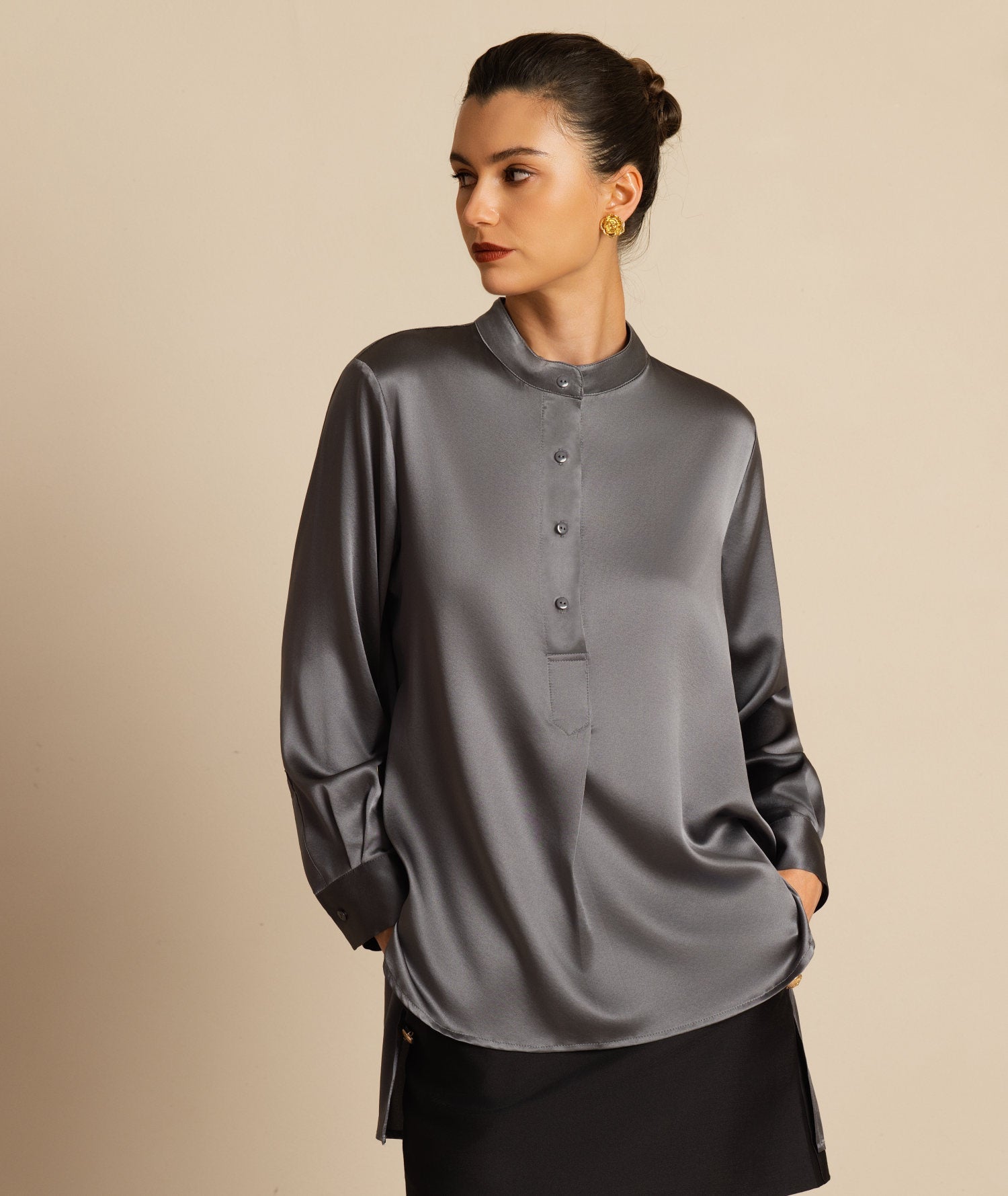 [Mörkgrå] SilkSilky-SE 19Momme Silke Lång Ärm Ståkrage Blus 003