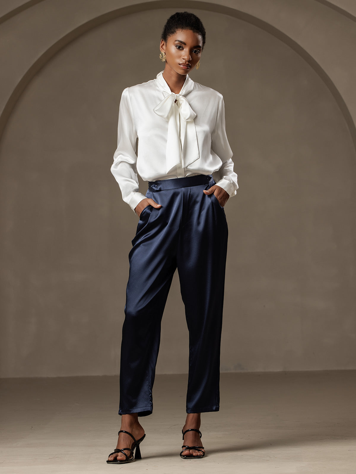 [Mörkblå] SilkSilky-SE 19Momme Silke Womens Pants 001