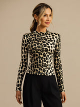 [Leopard] SilkSilky-SE Lång Ärm Mockkrage Dam T-Shirt 001
