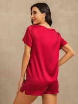 [Vin] SilkSilky-SE 19Momme Kort Ärm Rund Halsringning Dam Pyjama 002