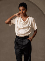 [Beige] SilkSilky-SE Short Sleeve Cowl Neck Damblusar 004