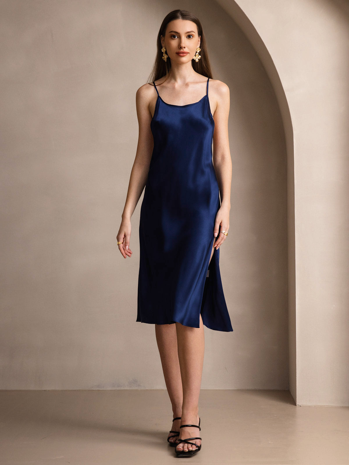 [Mörkblå] SilkSilky-SE Rent Silke Dress 003