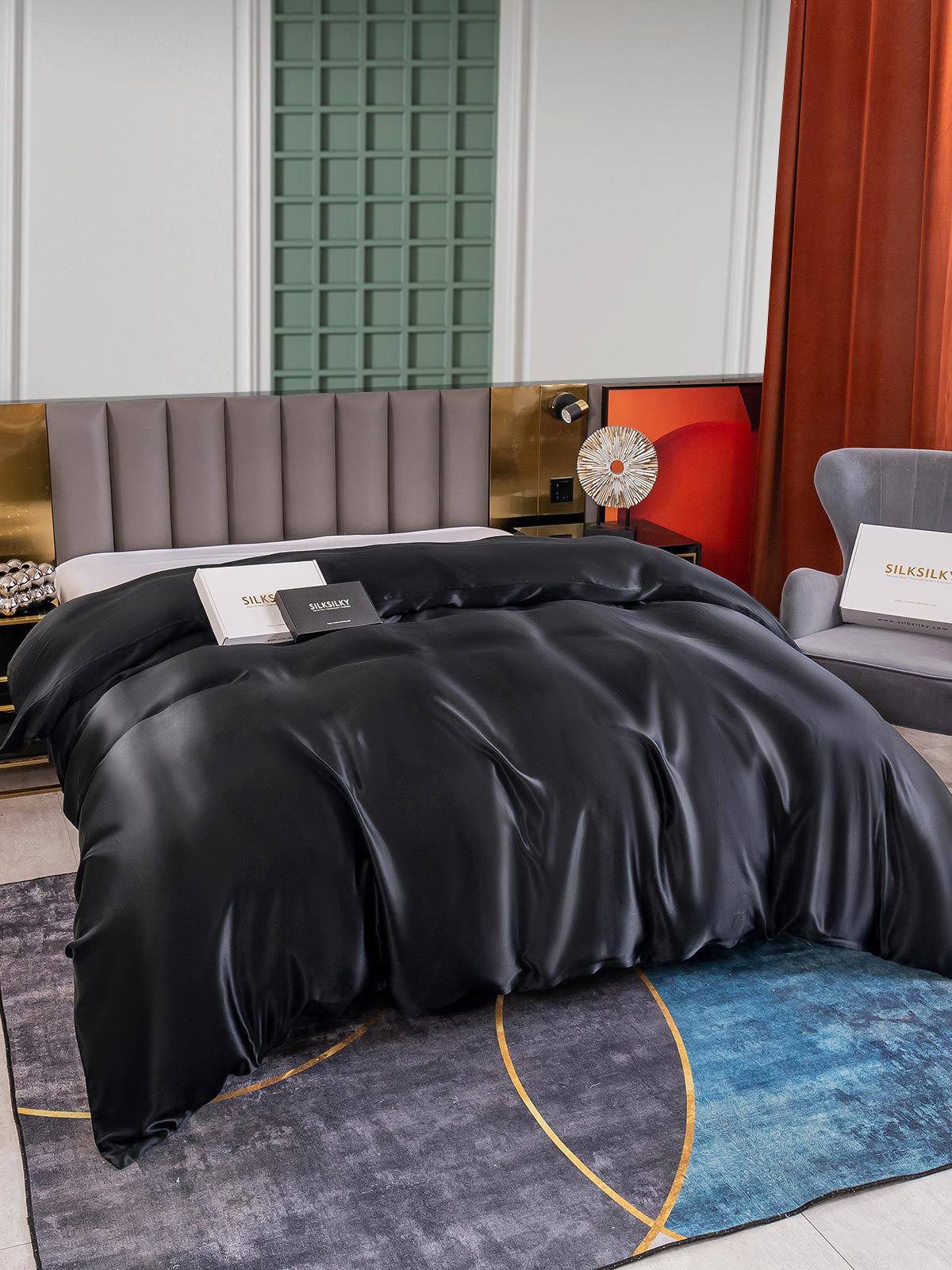 [Svart] SilkSilky-SE 25Momme Rent Silke Duvet Cover 004
