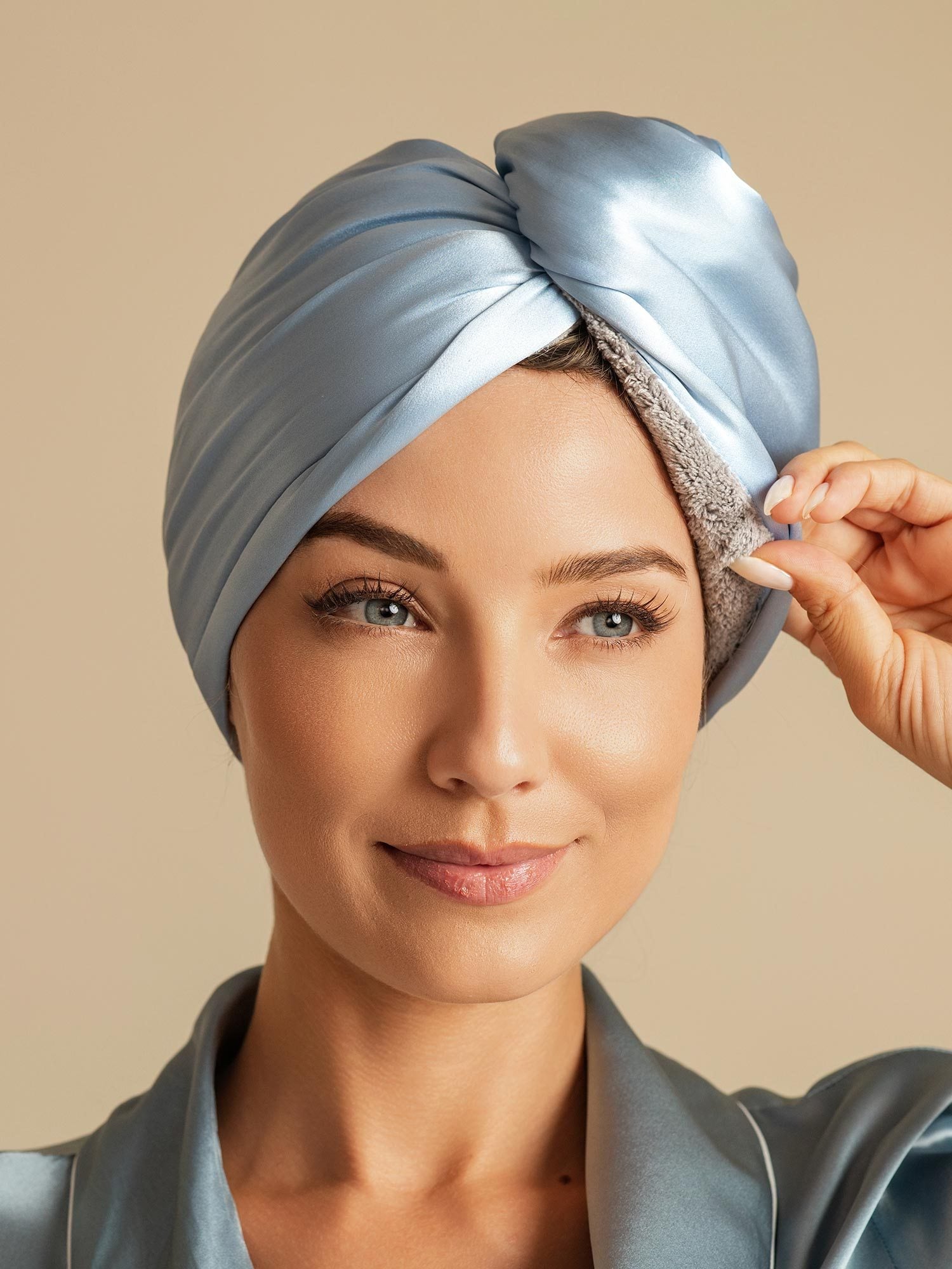 [Himmelsblå] SilkSilky-SE Rent Silke Hair Towel Wrap 006,