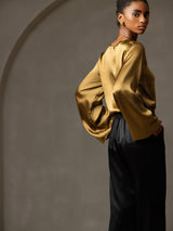 [Brun] SilkSilky-SE Long Sleeve Boat Neck Blus 006