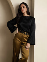 [Svart] SilkSilky-SE Long Sleeve Boat Neck Blus 006