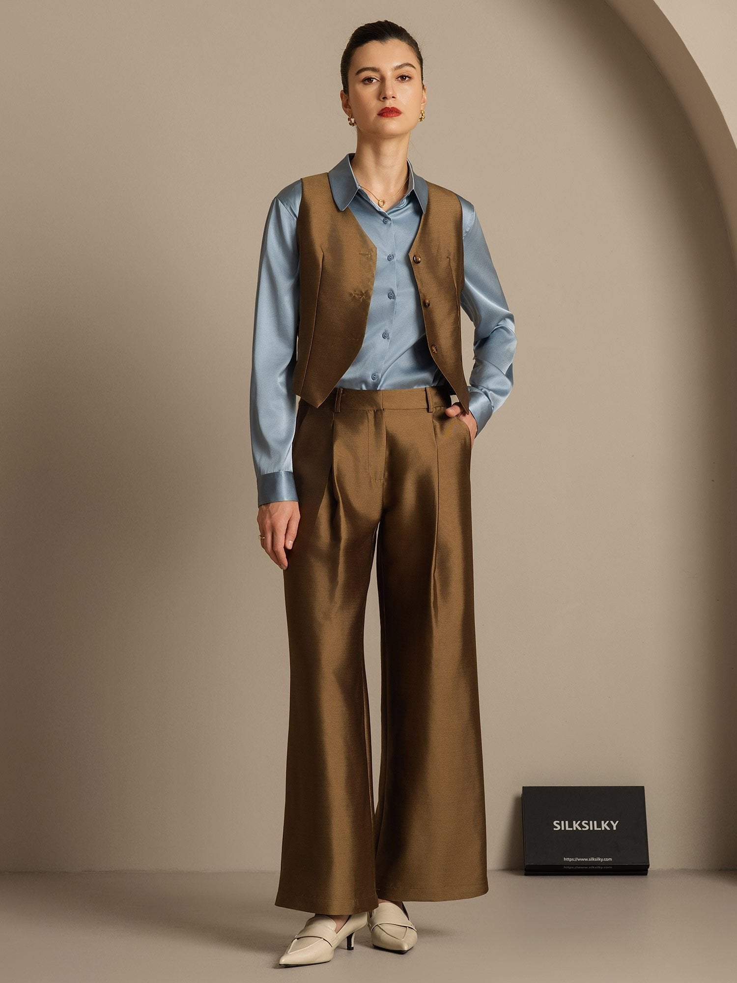 [Brons] SilkSilky-SE 32Momme Silk-Wool Blend Womens Pants 008,