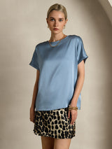 [Gråblå] SilkSilky-SE 19Momme Kort Ärm Båtringad Dam T-Shirt 003