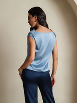 [Gråblå] SilkSilky-SE Cap Sleeve Cowl Neck Dam T-Shirt 002