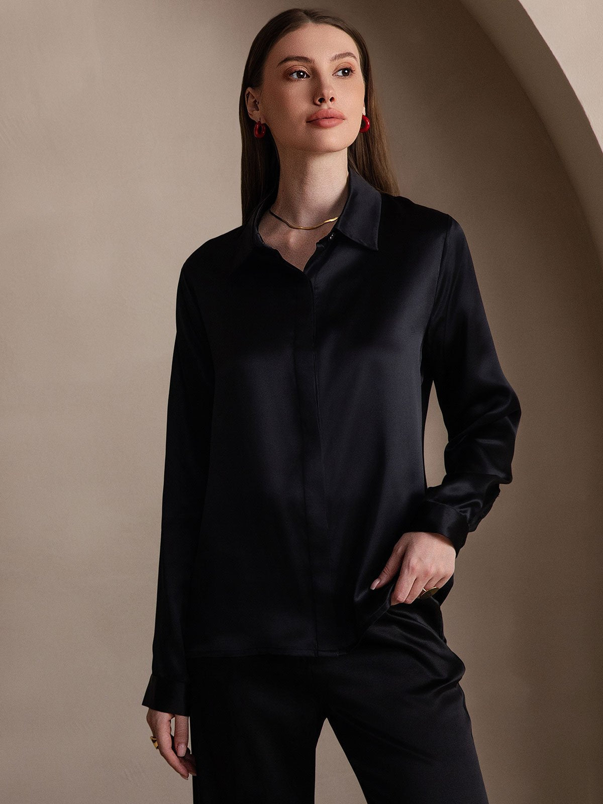 [Svart] SilkSilky-SE 19Momme Silke Lapel Collar Damskjorta 003