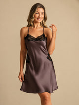 [Mörkbrun] SilkSilky-SE Spaghetti Strap V Neck Nattlinne 006