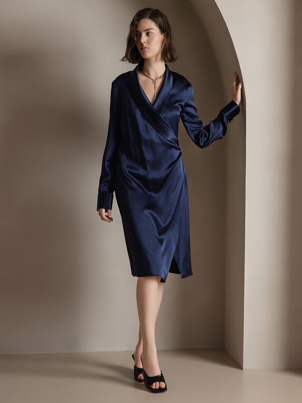 [Mörkblå] SilkSilky-SE 19Momme Silke Dress 005