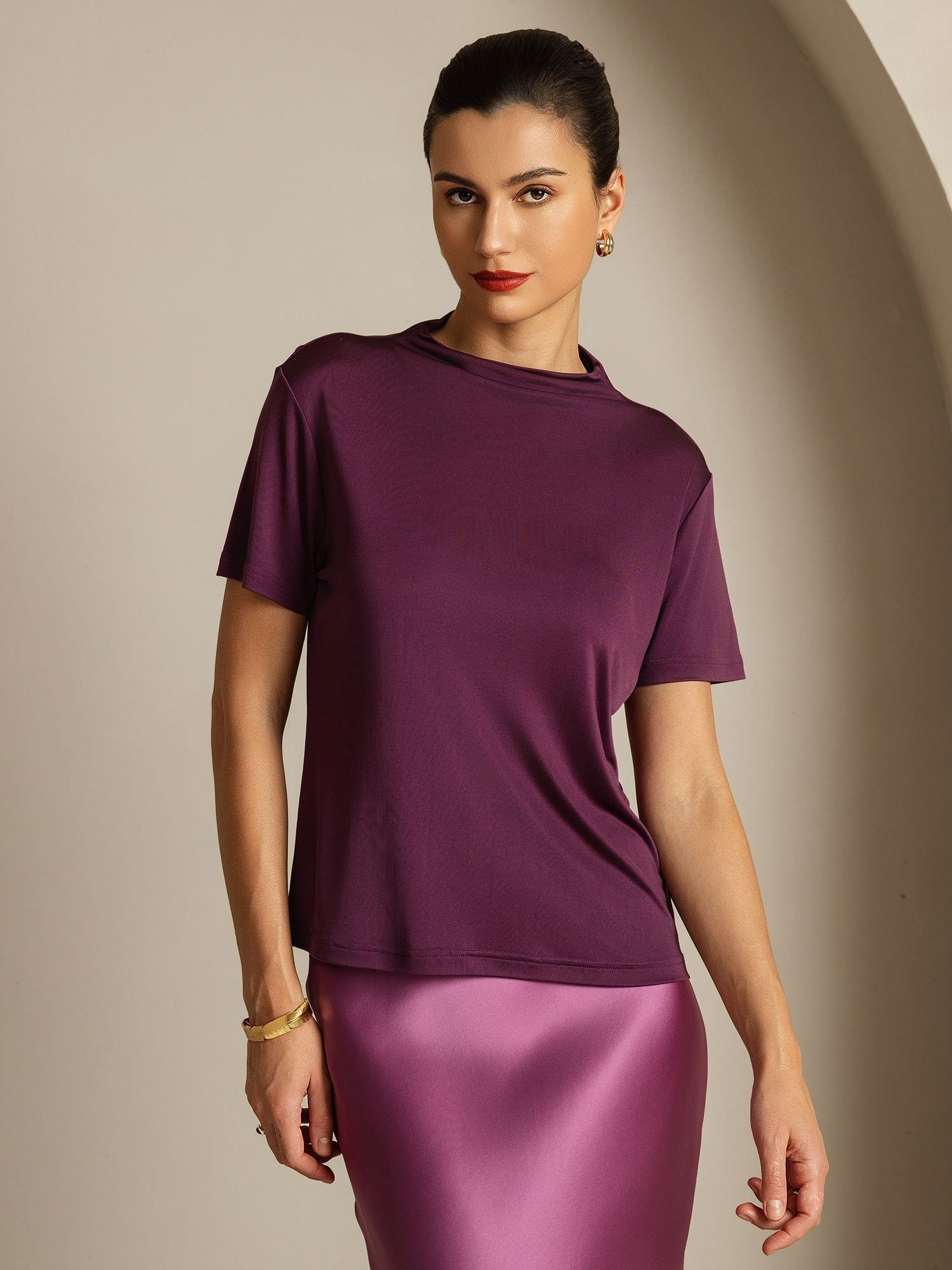 [Lila] SilkSilky-SE Rent Silke Krage Dam T-Shirt 005