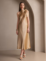 [Champagne] SilkSilky-SE 19Momme Stretch Silk Charmeuse Sleeveless Halter Klänning 005
