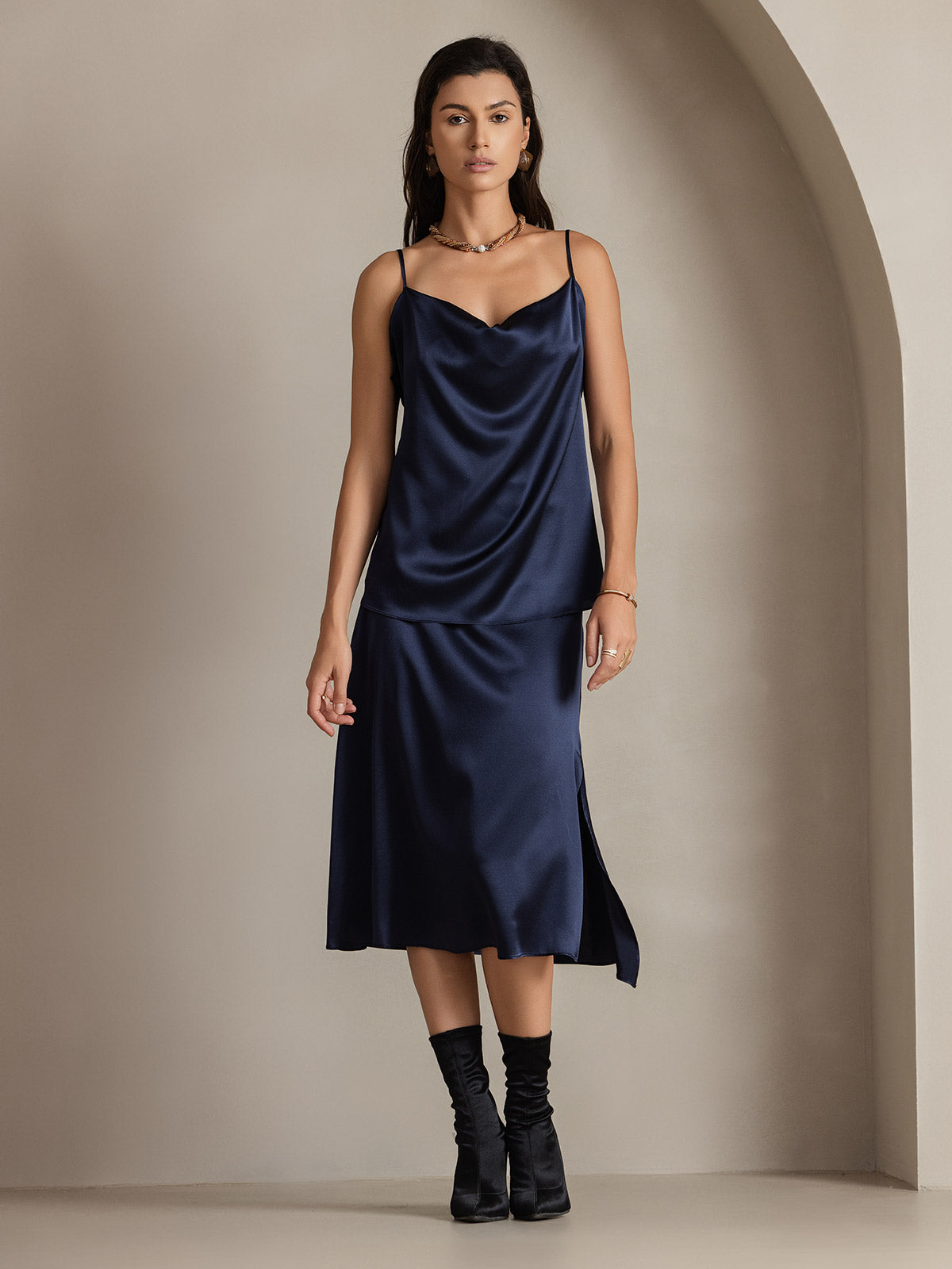 [Mörkblå] SilkSilky-SE 19Momme Silke Skirt 004