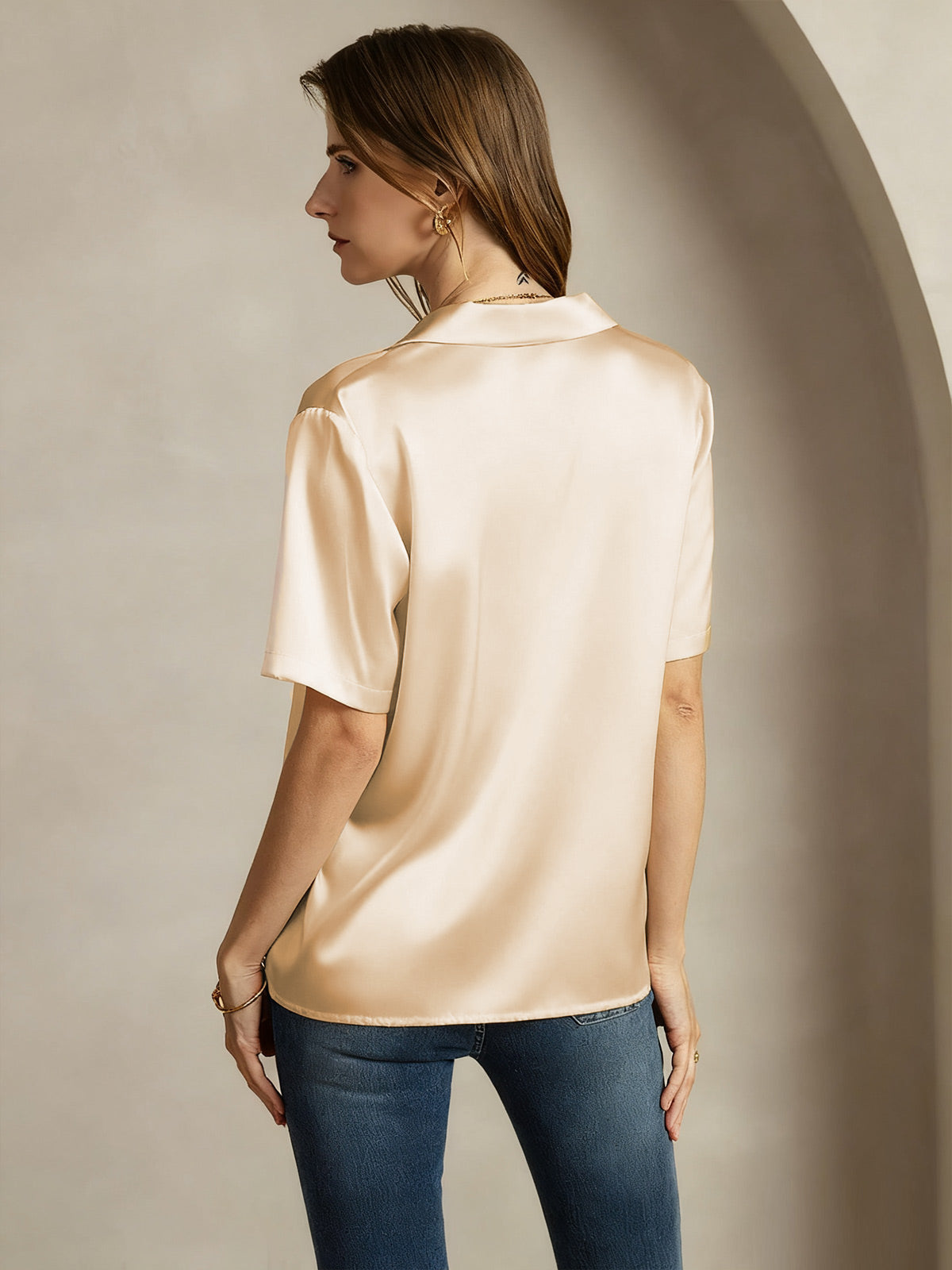 [Champagne] SilkSilky-SE 19Momme Silke Skårad Damskjorta 002