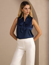 [Mörkblå] SilkSilky-SE Sleeveless Tie Neck Cami Toppar 004