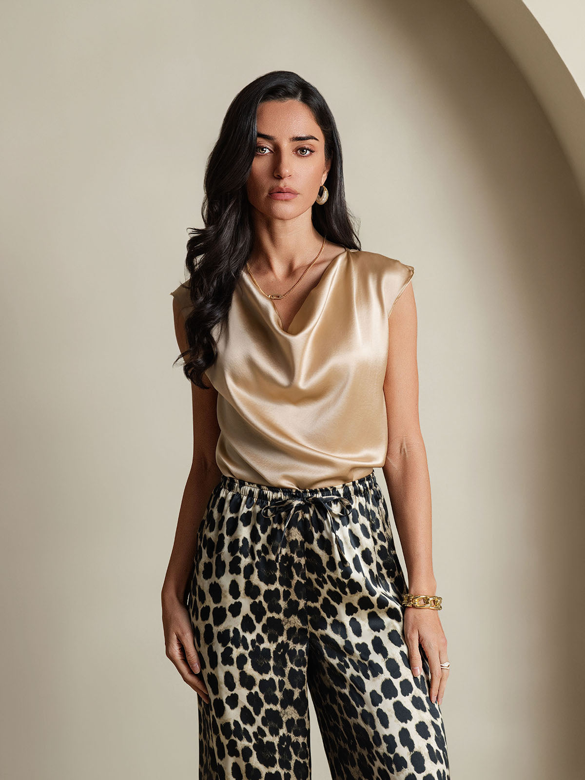 [Champagne] SilkSilky-SE 19Momme Silke Ärmlös Womens T-Shirt 004