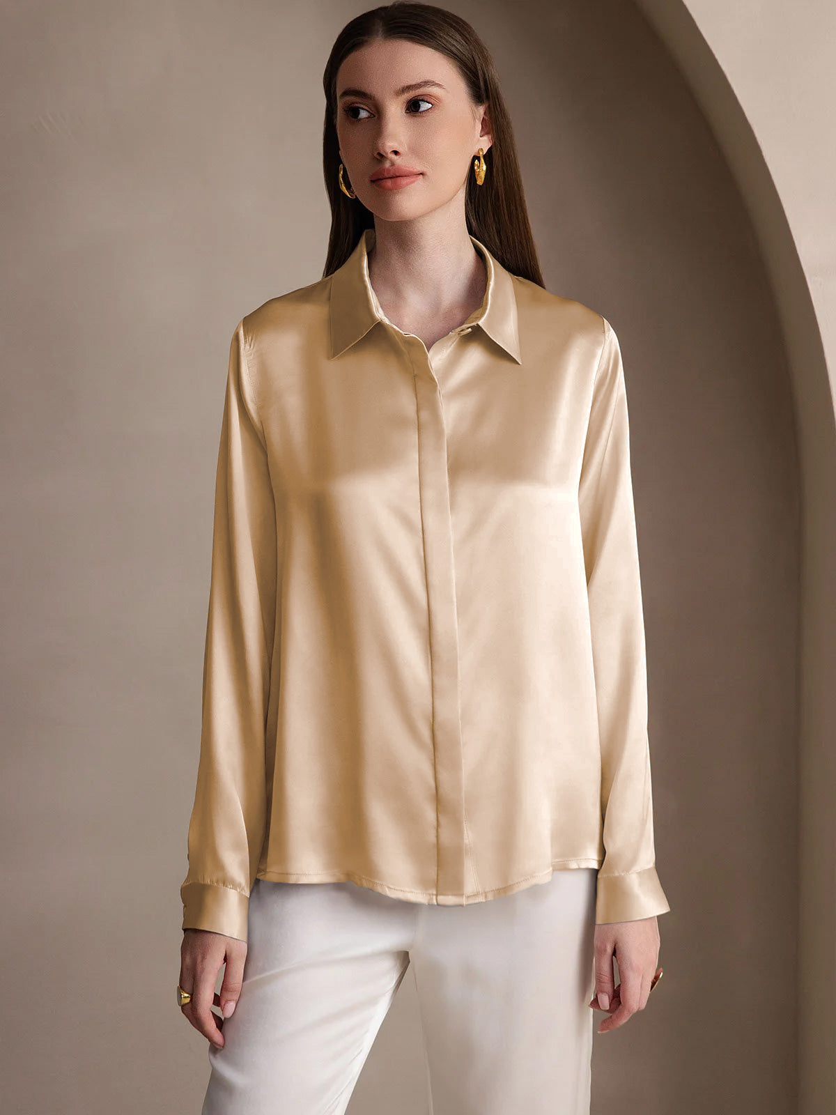 [Champagne] SilkSilky-SE 19Momme Silke Lapel Collar Damskjorta 004