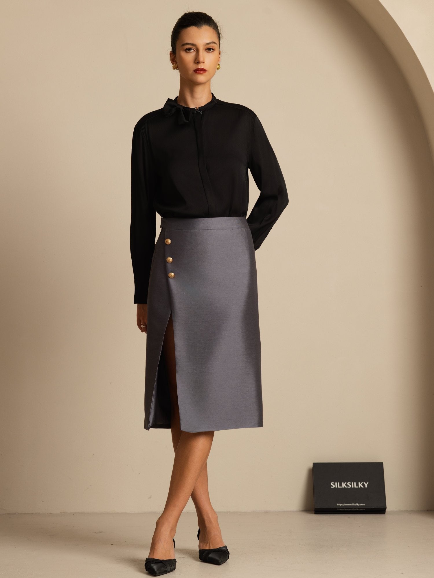 [Svart] SilkSilky-SE 19Momme Silke Lång Ärm Ståkrage Blus 007