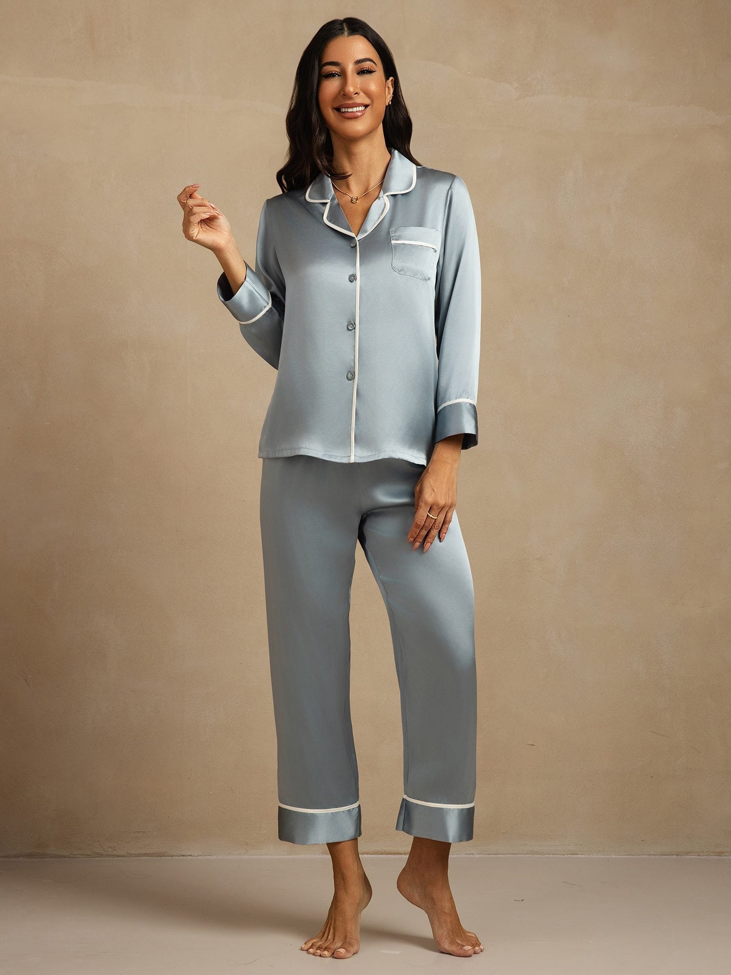 [Gråblå] SilkSilky-SE Lång Ärm Notchkrage Dam Pyjama 007