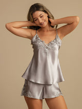 [Ljusgrå] SilkSilky-SE Spaghetti Strap V Neck Camisole Set 006