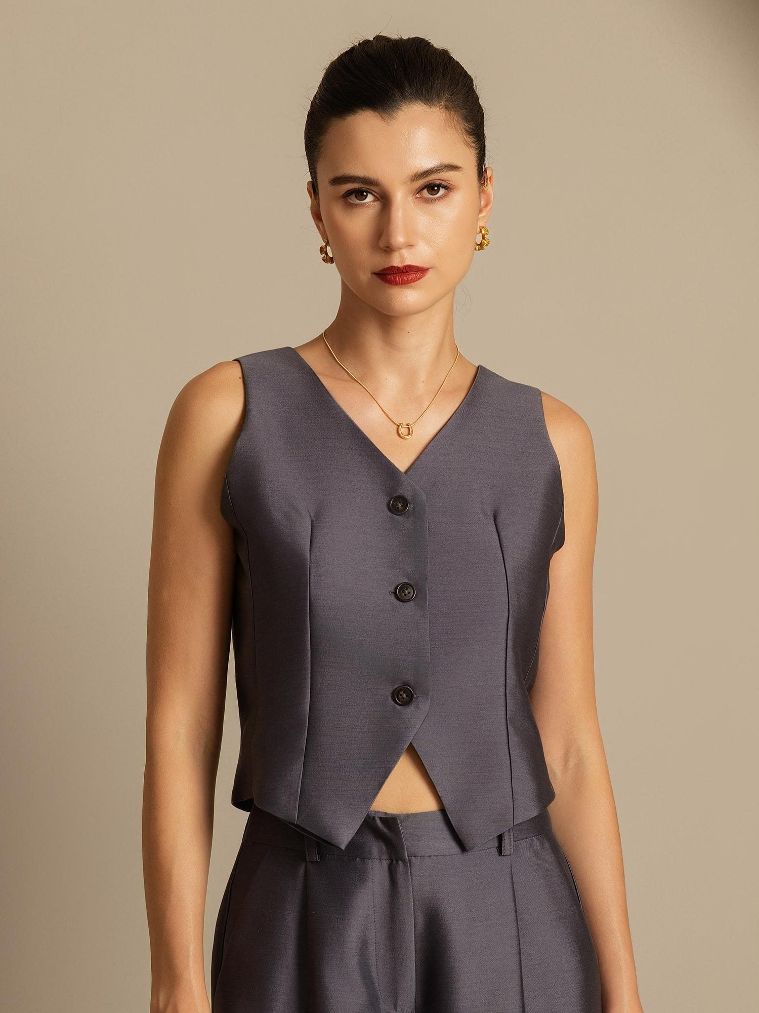 [Grå] SilkSilky-SE 32Momme Silk-Wool Blend Womens Vest 003,