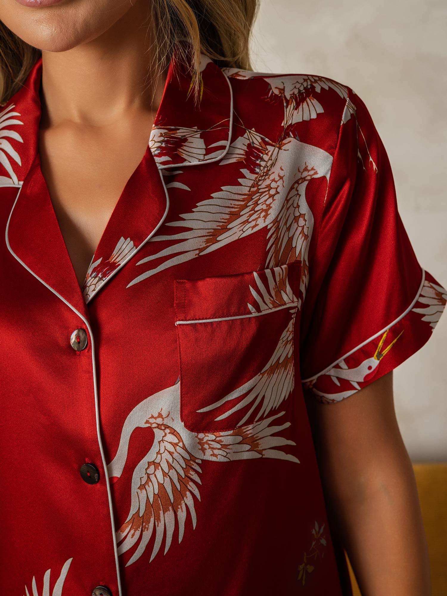 [Mörkröd] SilkSilky-SE 19Momme Rent Silke Kort Ärm Womens Pajamas 004