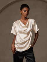 [Beige] SilkSilky-SE Short Sleeve Cowl Neck Damblusar 001