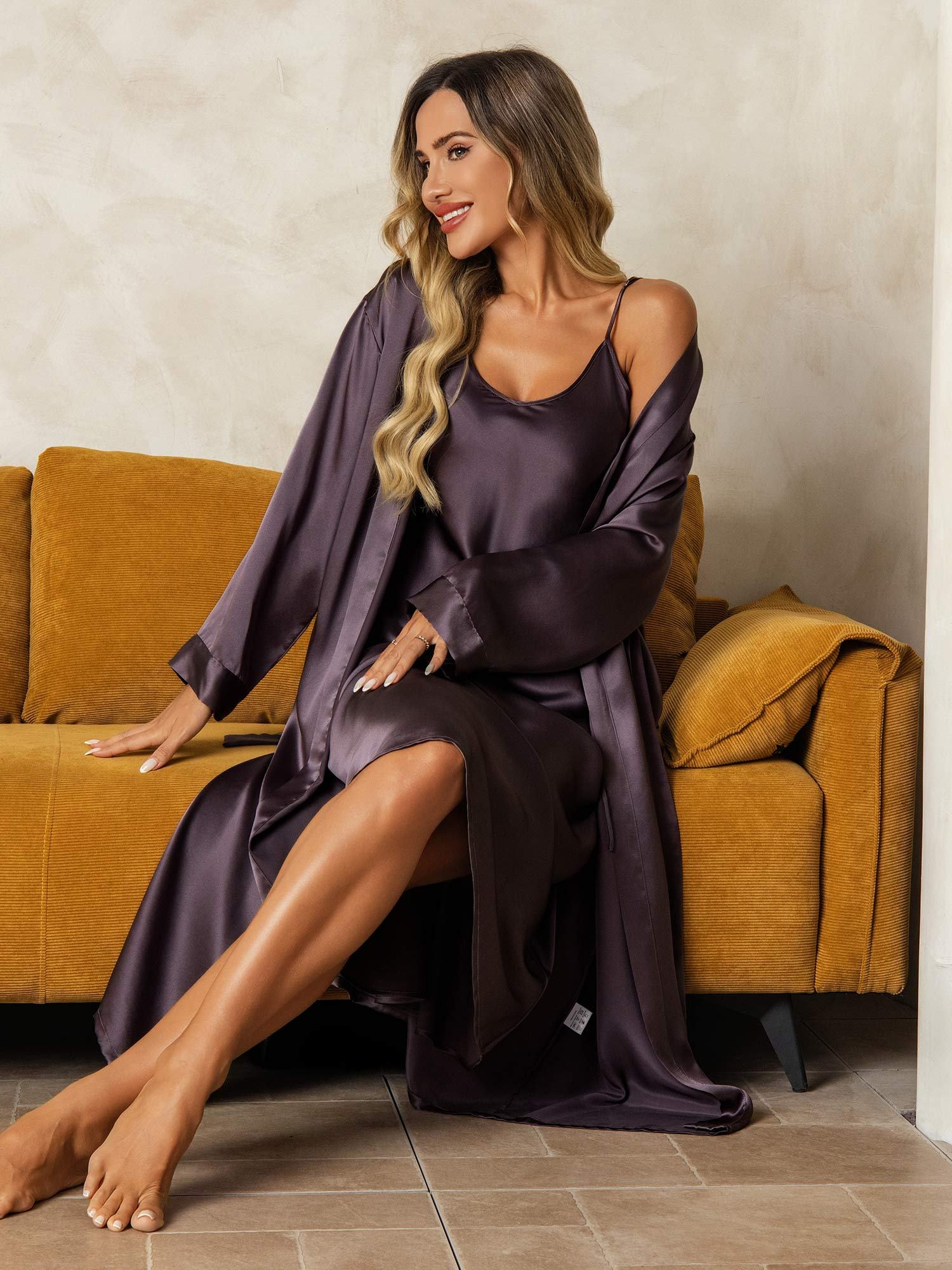 [Lila Grå] SilkSilky-SE Rent Silke Nightgown&Robe Set 004