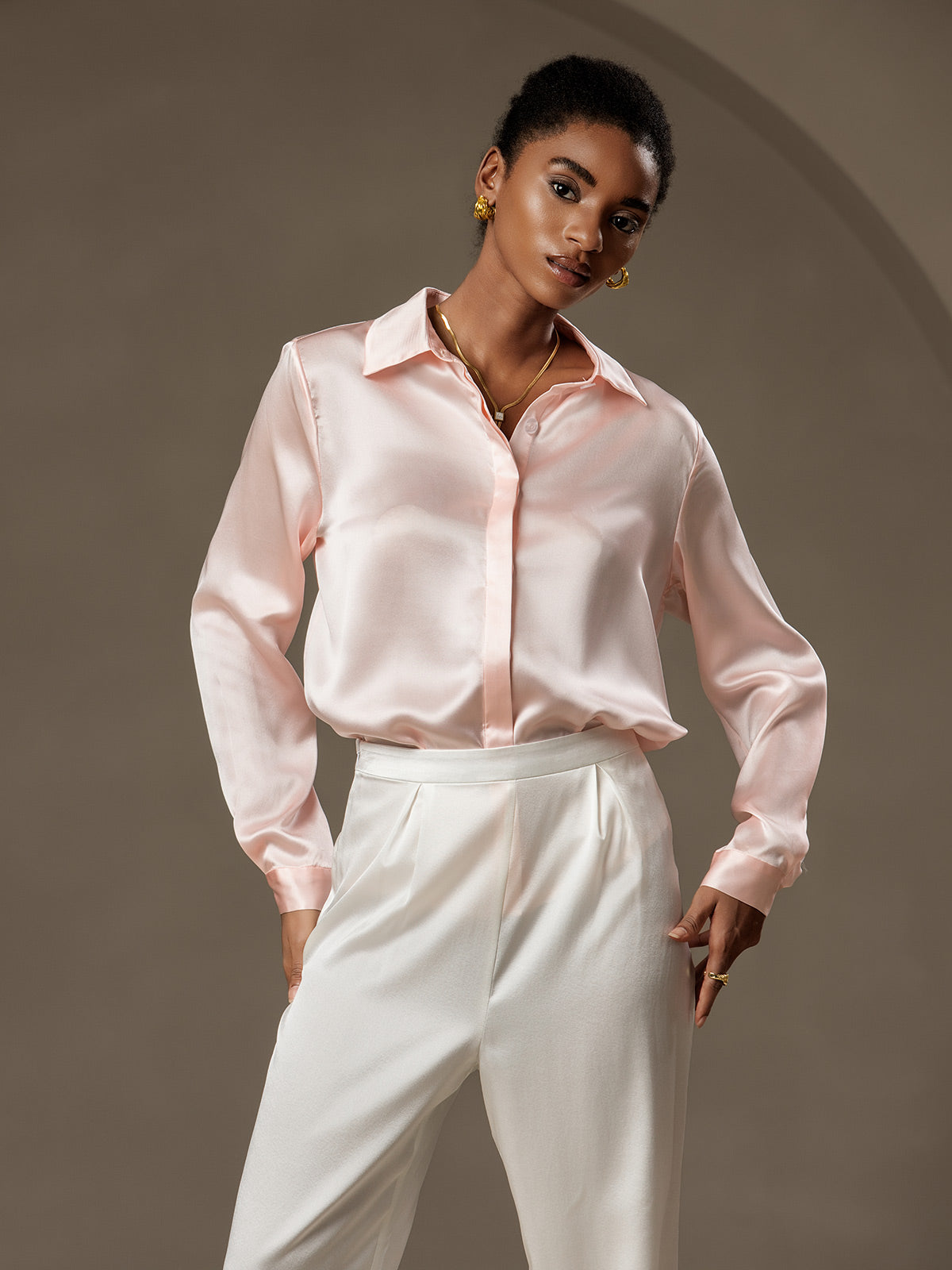 [Rosa] SilkSilky-SE 19Momme Silke Lapel Collar Damskjorta 004