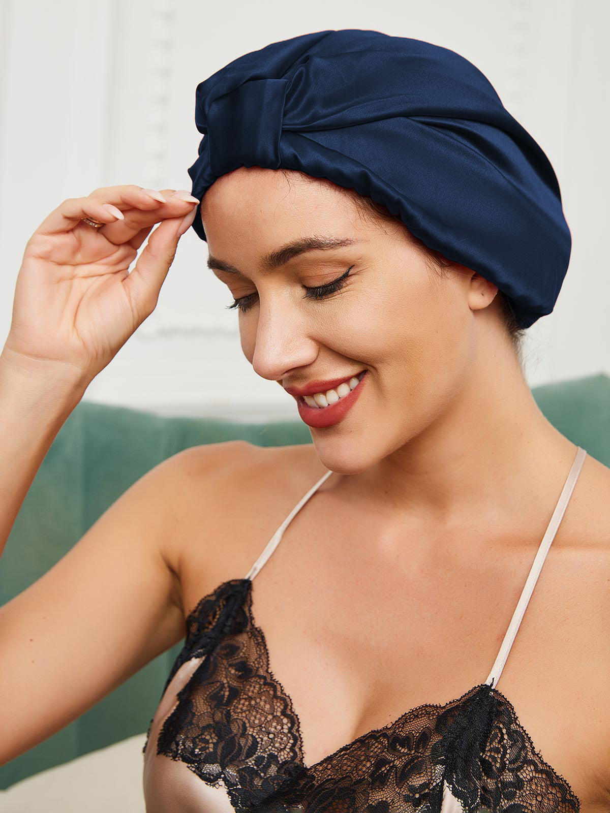 [Mörkblå] SilkSilky-SE Rent Silke Sleep Cap 001