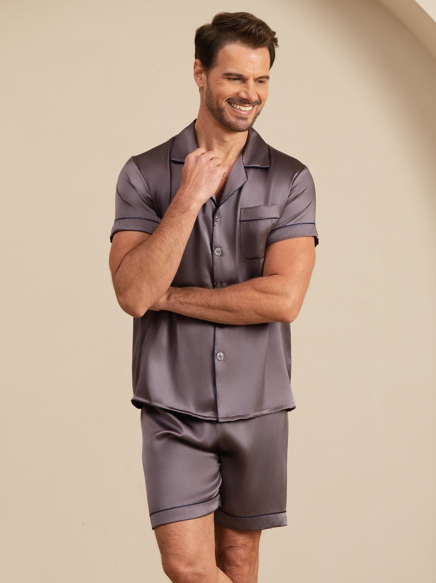 [Lila Grå] SilkSilky-SE Kort Ärm Notchkrage Herr Pyjama 005