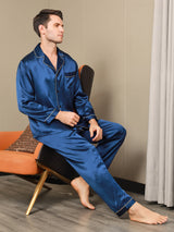 [Mörkblå] SilkSilky-SE Long Sleeve Lapel Collar Herr Pyjama 003