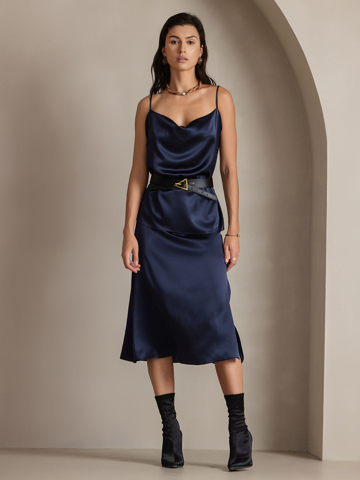 [Mörkblå] SilkSilky-SE 19Momme Silke Skirt 005