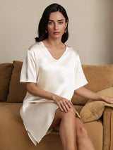[Beige] SilkSilky-SE Half Sleeve V Neck Nattlinne 006
