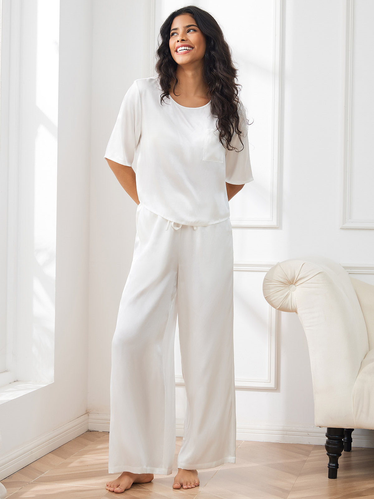 SilkSilky SE Rent Silke Hårärm Round Neck Dam Pyjama Vit 005