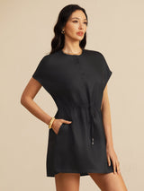 [Svart] SilkSilky-SE 18Momme Kappärm Henley-halsringning Klänning 001