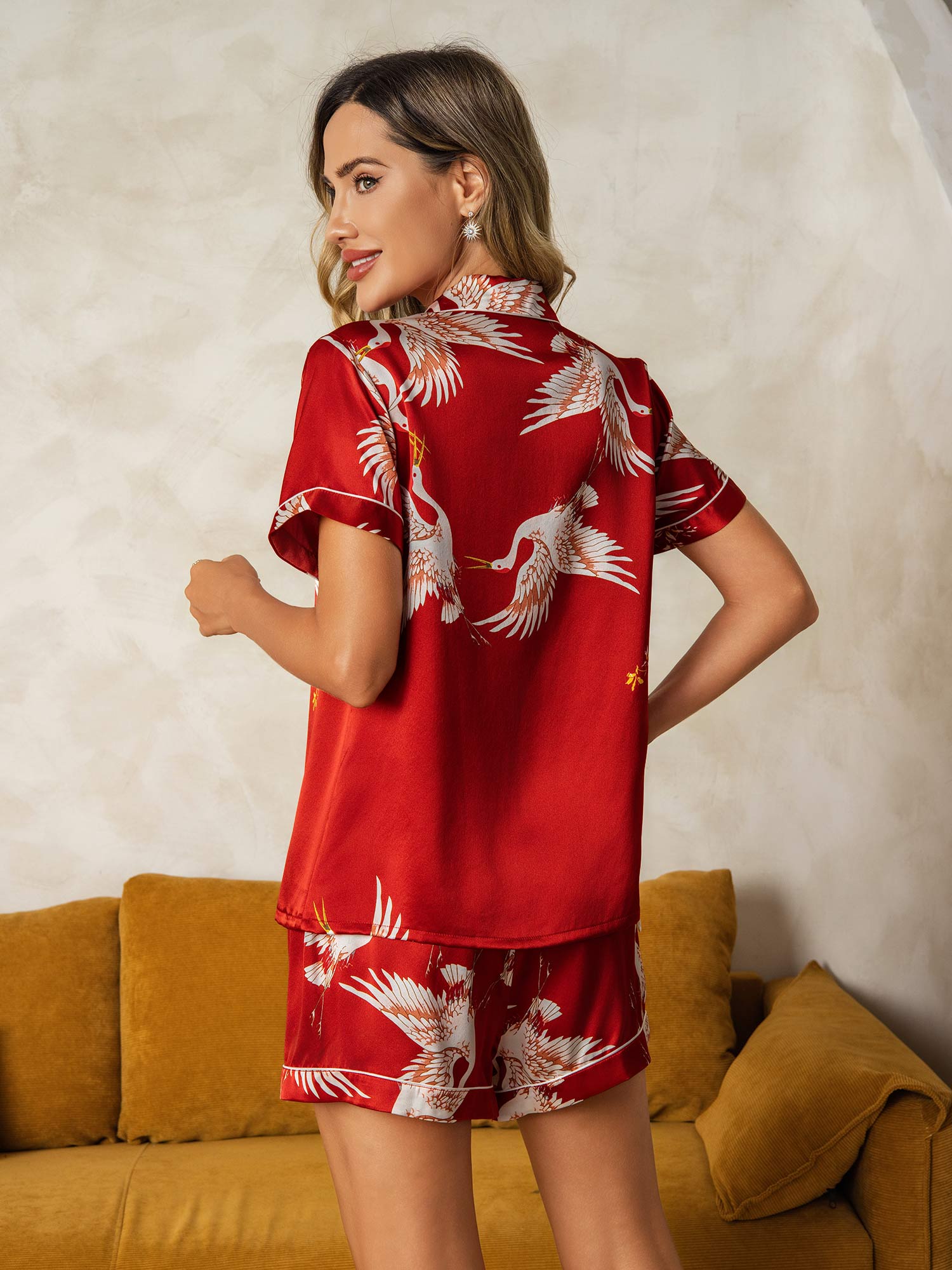 [Mörkröd] SilkSilky-SE 19Momme Rent Silke Kort Ärm Womens Pajamas 002