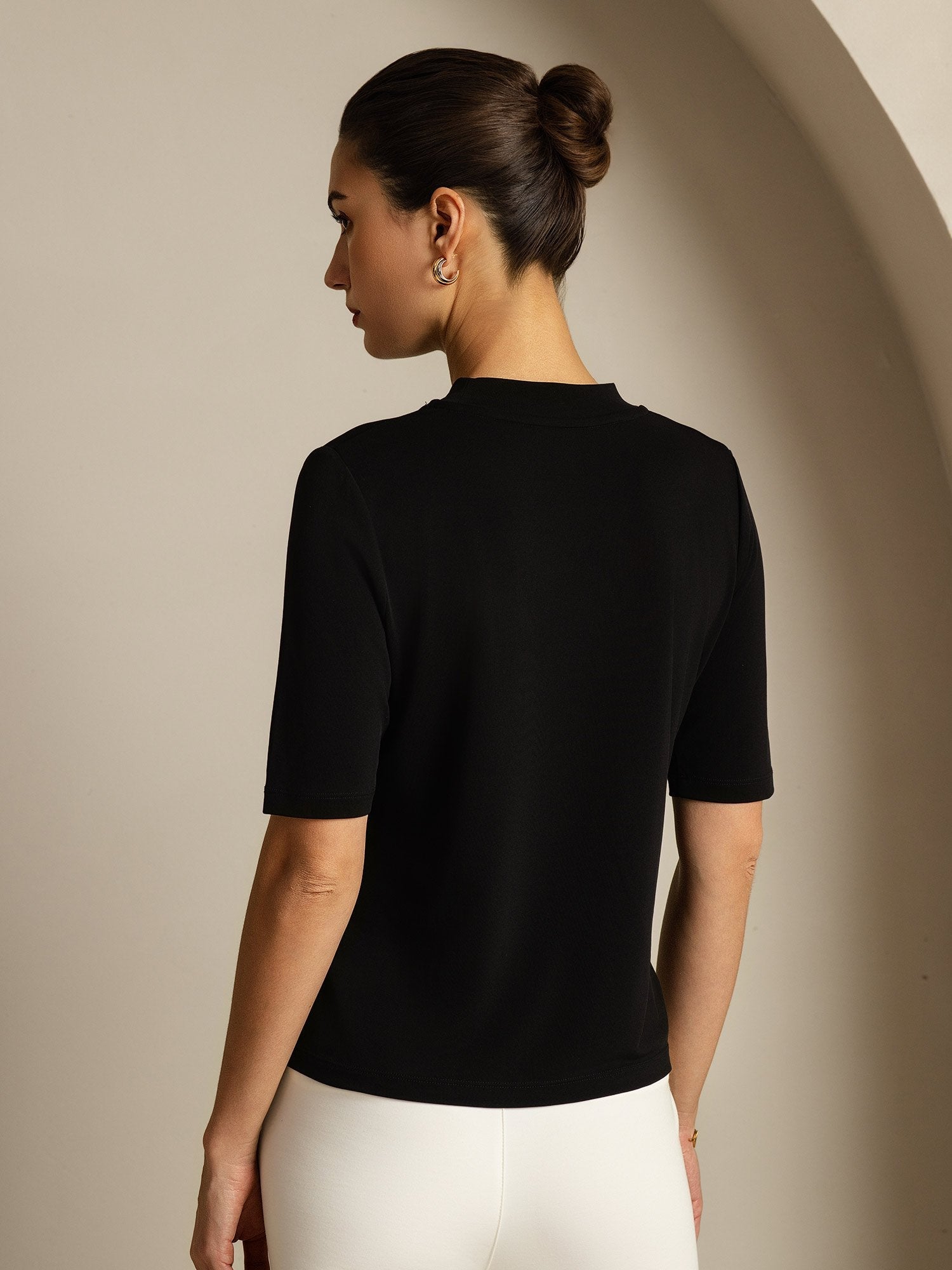[Svart] SilkSilky-SE Half Sleeve Crewkrage Dam T-Shirt 002