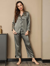 [Grågrön] SilkSilky-SE Rent Silke Lång Ärm Womens Pajamas 004