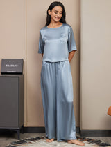 [Gråblå] SilkSilky-SE Half Sleeve Round Neck Dam Pyjama 005