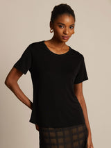 [Svart] SilkSilky-SE Kort Ärm Rund Halsringning Dam T-Shirt 003