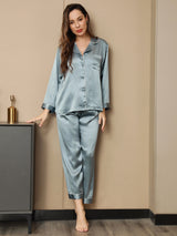 [Stålblå] SilkSilky-SE Long Sleeve Lapel Collar Dam Pyjama 002